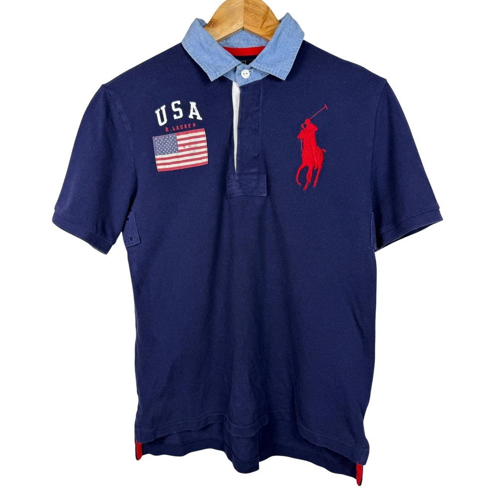 Polo Ralph Lauren Polo Shirt Mens S‎ Navy Blue USA Flag Large Pony Rugby Style